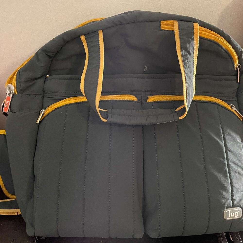 Lug Charcoal and Mustard Quilted Bag with toiletry/bottle bag